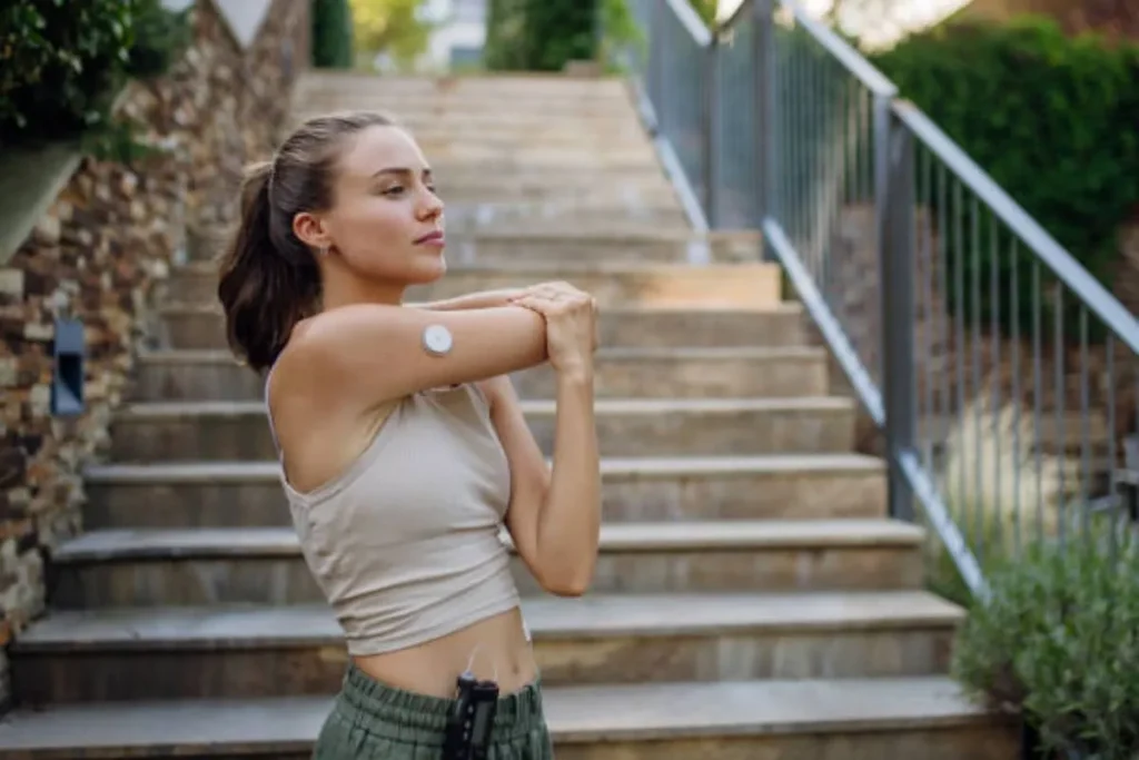 Woman stretching in an outdoor setting