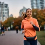Femme en vêtements de sport orange courant avec le sourire